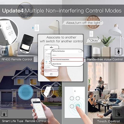 MoesGo WiFi Smart Wall Light Switch,Glass Panel, Multi-Control(3 Way), 2.4GHz Wi-Fi Touch Switches, Neutral Wire Required, Remote Control Smart Life/Tuya App, Work with Alexa, Google Home White 4 Gang