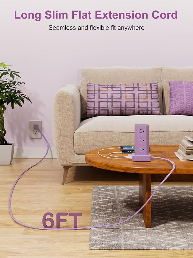 Power Strip Tower Surge Protector, 6FT Flat Plug Extension Cord with Multiple Outlets, 12 AC Outlets 4 USB (2 USB C), Desktop Charging Station with Surge Protection for Home Office Dorm Room, Purple