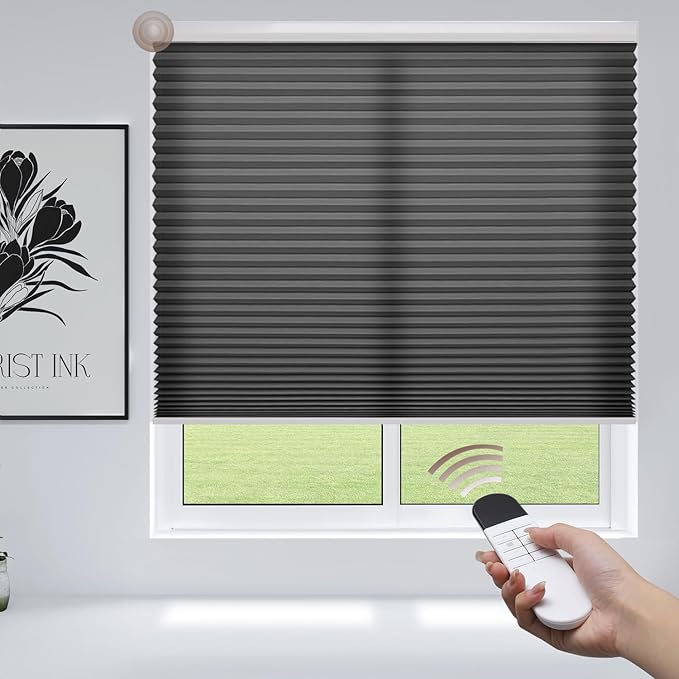 Godark Motorized Light Filtering Cellular Shades Compatible with Alexa/Google Home Electric Blinds Smart Honeycomb Shades for Windows Automatic Blinds with Remote Custom Size-Black