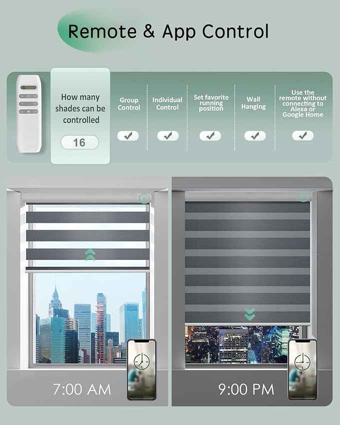 Yoolax Motorized Zebra Blinds, Remote Zebra Shades for Indoor Windows, Motorized Shades with Remote Light Control Horizontal Window Blinds Custom Size(100% Blackout Mesh Silver)
