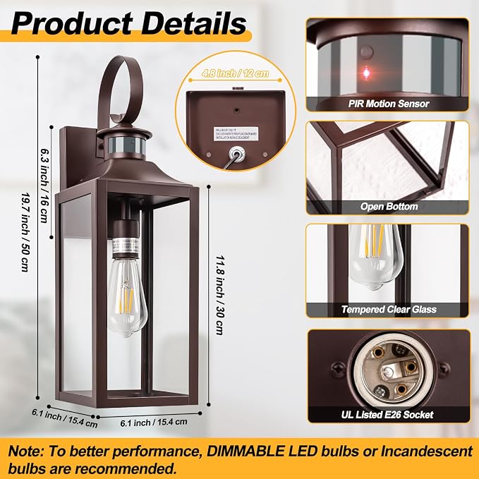 20" Large Oil Rubbed Bronze Motion Sensor Outdoor Wall Lights Dusk to Dawn