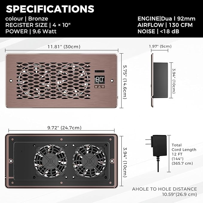 Built-in Register Booster Fan with Cover for Air Heat Vent with Fan, Fits 4"x10" Duct/Ceiling/Floor Vents, Improves AC & Heating/Cooling, Quiet 10-Speed Household/Bedroom Ventilation