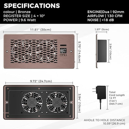Built-in Register Booster Fan with Cover for Air Heat Vent with Fan, Fits 4"x10" Duct/Ceiling/Floor Vents, Improves AC & Heating/Cooling, Quiet 10-Speed Household/Bedroom Ventilation