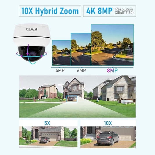 JideTech 10X Hybrid Zoom Outdoor 4K PTZ PoE IP Dome Camera, Auto Tracking, Pan Tilt Security Camera with IR Night Vision, Human/Vehicle Detection, Two Way Talk, SD Card Slot,IP66, for Onvif NVR