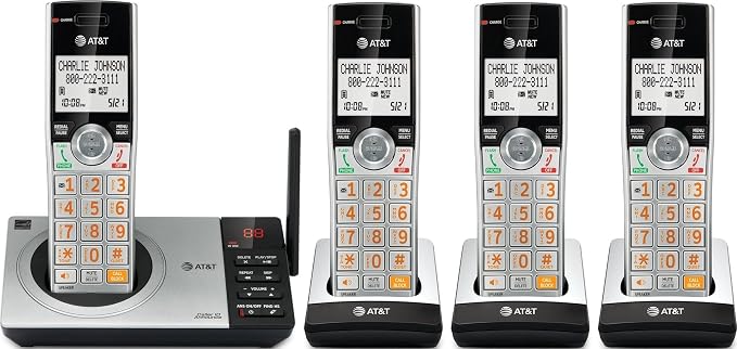 AT&T CL82407 DECT 6.0 4-Handset Cordless Phone with Smart Call Blocker, Answering Machine, Caller ID Announce, Long Range, Expandable, Silver/Black