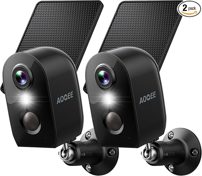 AOQEE Security Cameras Wireless Outdoor-2.4Ghz WiFi Cameras for Home Security, Battery Powered with Solar Panel, Color Night Vision, AI Motion Detection, SD Card/Cloud Storage, Work with Alexa, Y8 2P