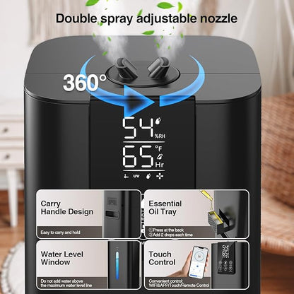 8L Smart Humidifier Large Room Bedroom Home, Quiet Top Fill Cool Mist Humidifier with Diffuser, Night Light, 3 Speed Humidifiers with 360° Nozzle, Timer, Humidity Setting for Plants Office Yoga Baby