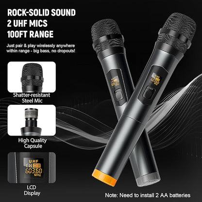 Home Karaoke System with Wireless Microphones & Speakers, Bluetooth Amplifier Set for Family Parties & Home Entertainment