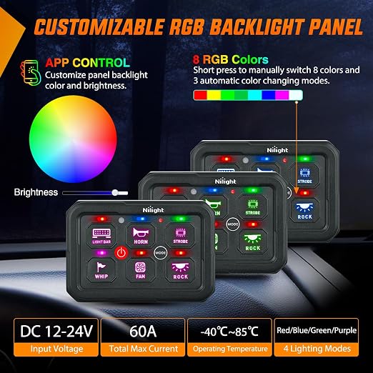 Nilight 6 Gang Switch Panel APP RGB 12V 24V Circuit Control System 4-Mode | Fuse Wiring Harness APP Remote Control Automatic Dimmable Toggle/Momentary/Strobe/Flash for Car Pickup Truck Camper SUV