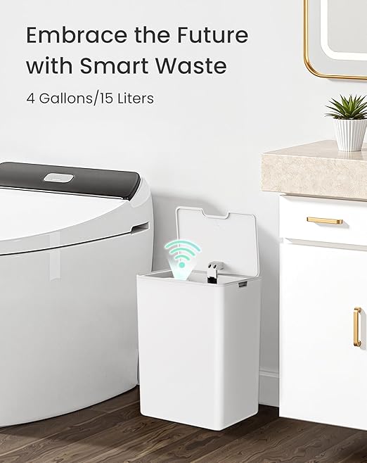 Cesun 4 Gallon Bathroom Trash Can with Lid, Small Automatic Trash Can, Touchless Motion Sensor Garbage Can, White Plastic Waste Basket for Bathroom, Bedroom, Toilet, Office, Rv