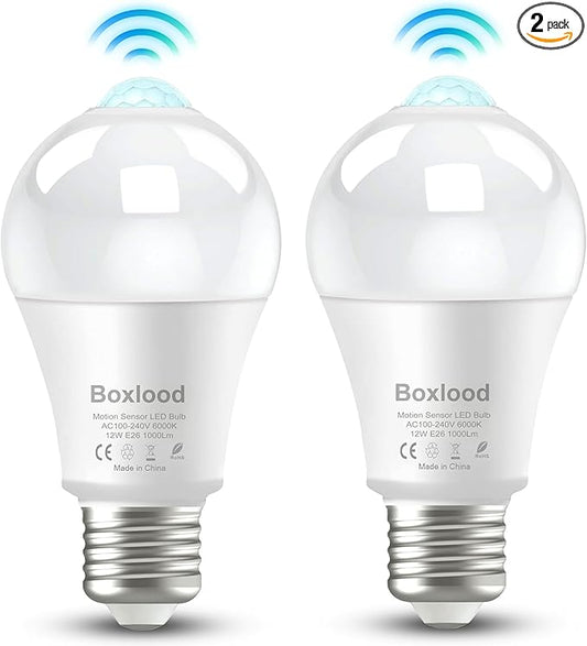 Boxlood 12W Motion Sensor Light Bulb, Movement Activated LED Bulb with Dusk to Dawn, 1000LM(100W Halogen Equivalent), A19, E26, 3000K Warm White for Outdoor/Indoor Front Door,Stairs,Porch,2PACK
