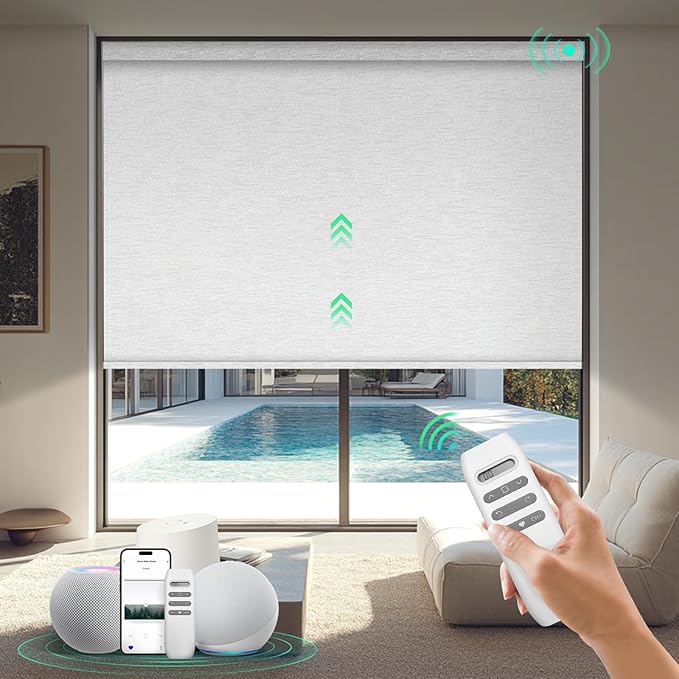 HeyBlinds Motorized Blinds with Remote, 100% Blackout Smart Blinds, Automatic Shades for Windows Compatible with Alexa Google and Homekit, Custom Size (Silver Lining-White Clouds BO)