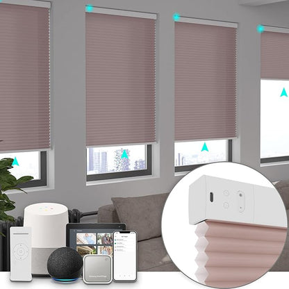 Changshade Smart Blinds Cellular Shades for Windows Doors Motorized with Remote Control, Custom Size Automatic Honeycomb Blind Electric Power Compatible with Alexa, Google Home, Light Filtering, Pink
