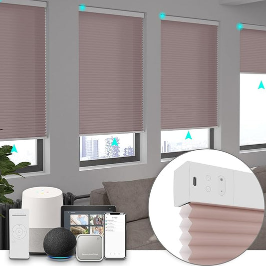 Changshade Smart Blinds Cellular Shades for Windows Doors Motorized with Remote Control, Custom Size Automatic Honeycomb Blind Electric Power Compatible with Alexa, Google Home, Light Filtering, Pink