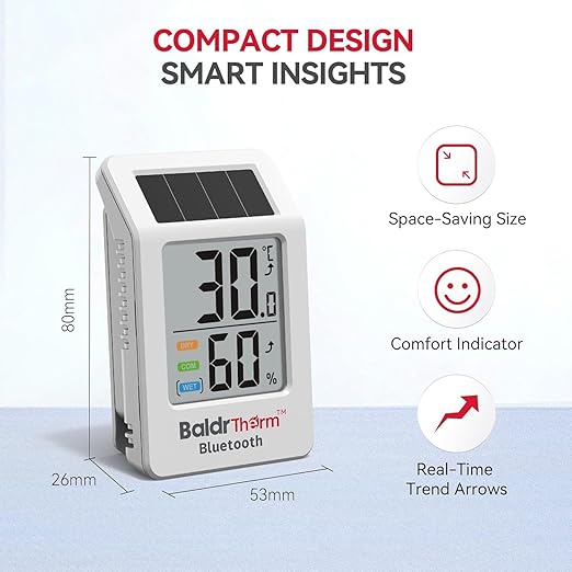 BaldrTherm WiFi Thermometer, Wireless Smart Thermometer, Remote Temperature Monitor with Gateway&Solar Sensor,200ft Coverage, App Alerts,12-Month Battery, Comfort Indicator, Data Sync Recover,1Pack