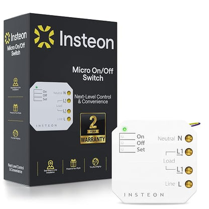 Insteon Micro On/Off Adaptor, Hidden Install Smart Home Switch - 2443-222 | 15A On/Off Smart Control, Installs Inside Fixture or Behind Any Existing Wall Switch, Hub Required for Alexa & Google Home