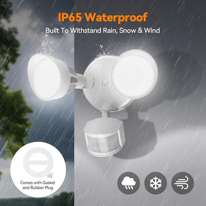 45W 5500LM PIR Motion Sensor Outdoor Lights, Dual Head LED Flood Light, 5000K Daylight, IP65 Waterproof Hardwired Dusk to Dawn Motion Detector Security Light for Outside Garage Yard (White)
