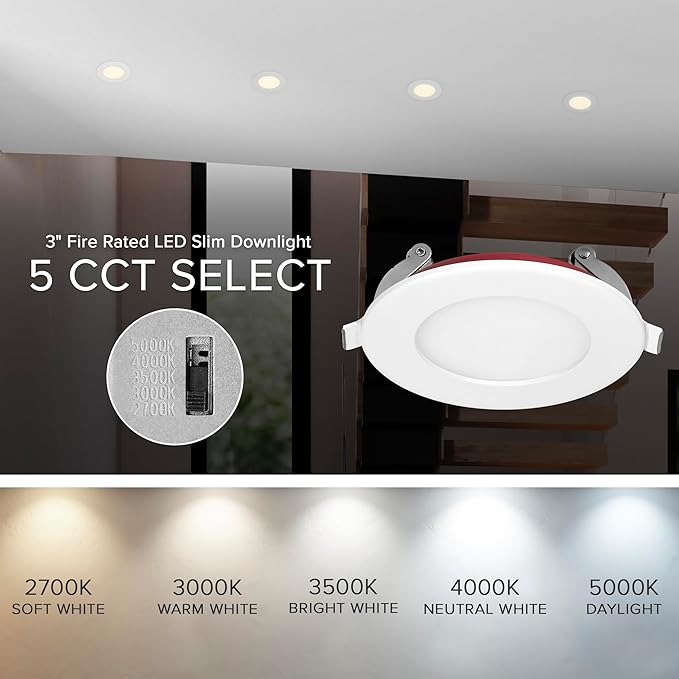 Maxxima 3 in. 2 Hour Fire Rated Ultra Thin LED Downlight, Slim Recessed Canless Light, IC Rated, 600 Lumens, 5 Color Temperature Selectable 2700K/3000K/3500K/4000K/5000K, Dimmable, J-Box Included