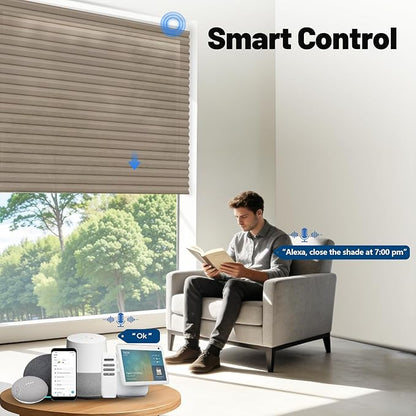Motorized Cellular Shades with Remote, Light Filtering Smart Cellular Shades Compatible with Alexa, Honeycomb Window Blinds for Bedroom Home Office, Custom Size, Half Shading Golden Brown