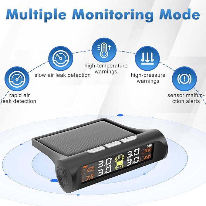 Tire Pressure Monitoring System with Solar Charge,TPMS Tire Pressure Monitor System with 4 External sensors & 5 Alarm Modes, Real Time Monitoring Pressure & Temperature,Suitable for 4 Wheeled Vehicles