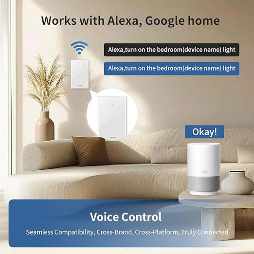 Smart Touch Wall Light Switch with Matter, Tempered-Glass Panel, Neutral Wire Required, Single-Pole, 2.4GHz Wi-Fi, App/Voice Control with Alexa/Google/Apple Home, Timers & Schedules 1 Gang – 3 Pack