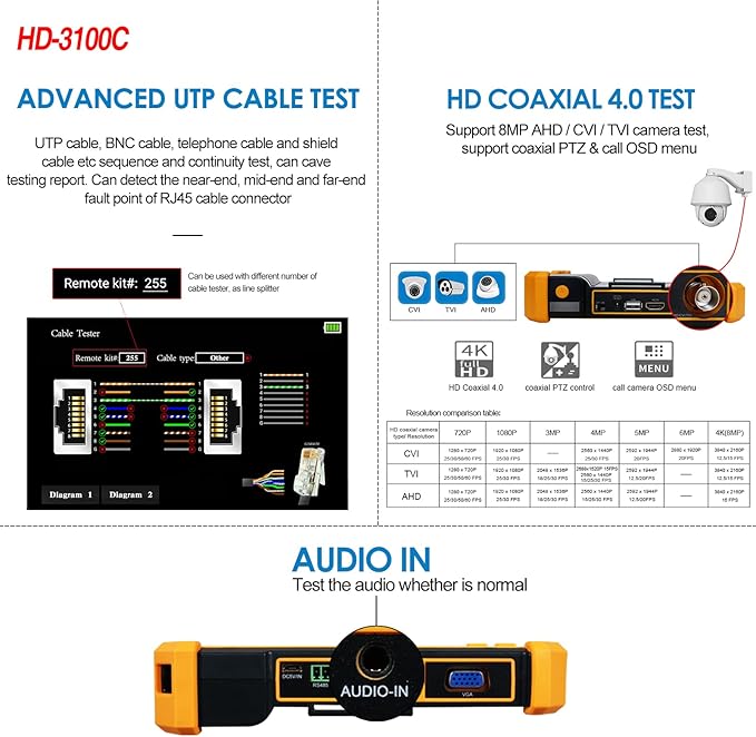 Rsrteng HD-3100C CCTV Tester HD Coaxial 4K 8MP TVI/CVI/AHD/CVBS Camera Tester with Cable Tracer 5 inch TFT-LCD Screen Monitor 5 in 1Support Support RS485 Audio HD VGA DC12V Output PTZ Control