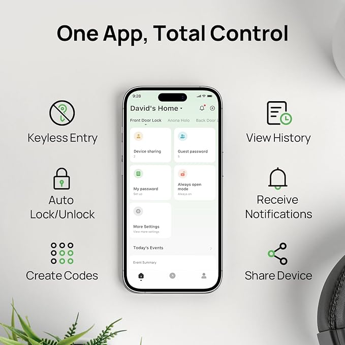 Anona Holo Wi-Fi Smart Lock, Keyless Entry Door Lock with App Remote Control, Auto-Lock & Anomaly Detection, Non-Destructive Installation, Supports Alexa, Apple Home, Matter