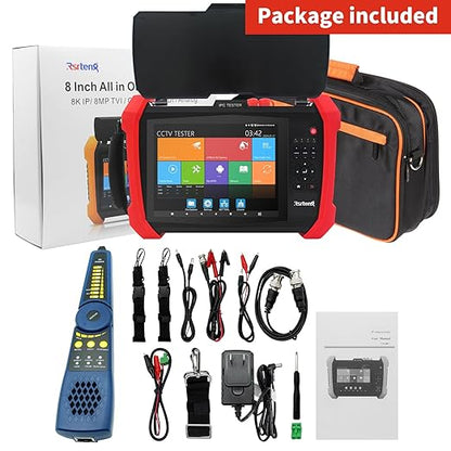 Rsrteng CCTV Tester 8K 32MP 12MP IP Camera Test POE++ Max 90W POE Camera Tester 4K 8MP TVI/CVI/AHD/SDI/CVBS WiFi Network Tools Cable Test Distance Meter 2CH SFP Port HD VGA DC Power Output