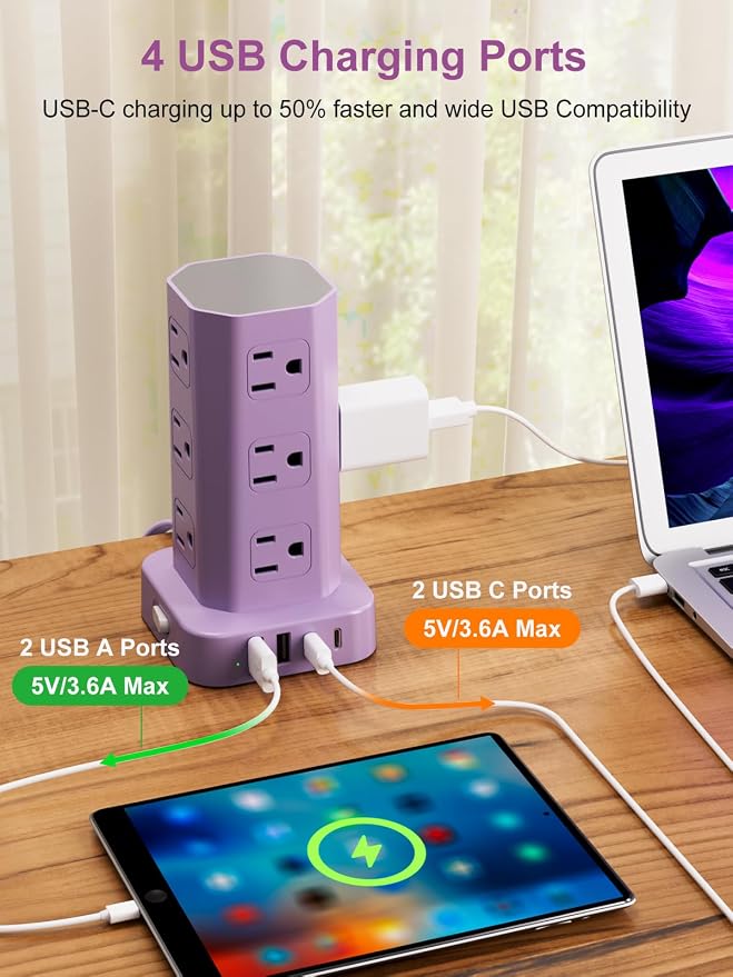 Power Strip Tower Surge Protector, 6FT Flat Plug Extension Cord with Multiple Outlets, 12 AC Outlets 4 USB (2 USB C), Desktop Charging Station with Surge Protection for Home Office Dorm Room, Purple