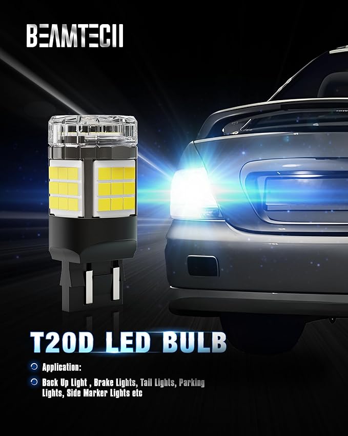 BEAMTECH Upgraded 7440 7443 LED Bulbs Reverse Lights, Build-in CANBUS, 6500K White Super Brighter T20 7441 W21W WY21W 7440NA Replacement for Back Up Tail Brake Parking Signal Lights, Pack of 2