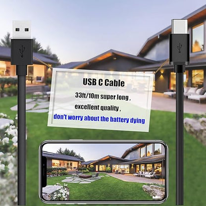 USB A to USB C Cable for Home Security Camera Power Extension C Type Charger Cord Indoor Compatible with CCTV Yi Home Cam Outdoor Long Flat Wire 33FT 10M Black…