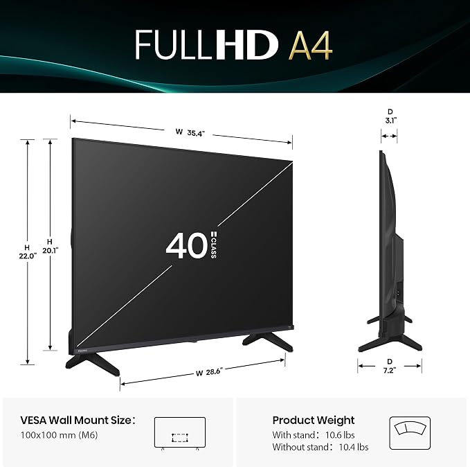 Hisense 40-Inch Class A4 Series FHD 1080p Smart Fire TV (40A4NF) - DTS Virtual: X, Slim Bezel Design, Alexa Built in, Streaming TV, Black