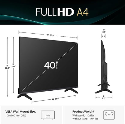 Hisense 40-Inch Class A4 Series FHD 1080p Smart Fire TV (40A4NF) - DTS Virtual: X, Slim Bezel Design, Alexa Built in, Streaming TV, Black
