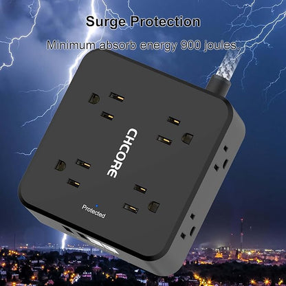 Surge Protector Power Strip - CHCORE 10Ft Braided Extension Cord with 8 Outlets with 4 USB (2 USB C) Charging Ports, Flat Plug Multi Plug Outlet Extender Charging Station for Home Office, ETL, Black