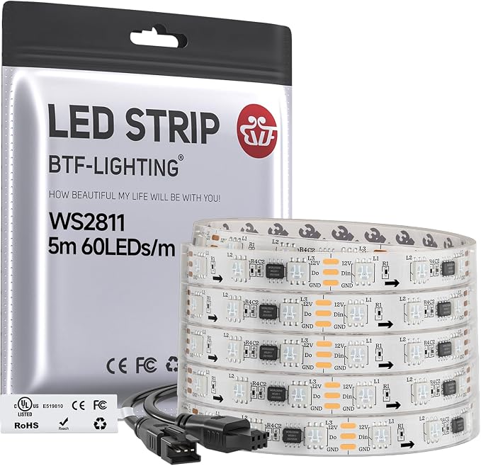 BTF-LIGHTING WS2811 Addressable RGB LED Strip 16.4FT 300LED DC12V IP67 | 100Pixels IC=RGB+IC UL Listed White PCB Flexible Chasing Effect for Indoor Home Decor(No Adapter or Controller)