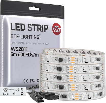BTF-LIGHTING WS2811 Addressable RGB LED Strip 16.4FT 300LED DC12V IP67 | 100Pixels IC=RGB+IC UL Listed White PCB Flexible Chasing Effect for Indoor Home Decor(No Adapter or Controller)