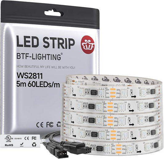 BTF-LIGHTING WS2811 Addressable RGB LED Strip 16.4FT 300LED DC12V IP67 | 100Pixels IC=RGB+IC UL Listed White PCB Flexible Chasing Effect for Indoor Home Decor(No Adapter or Controller)