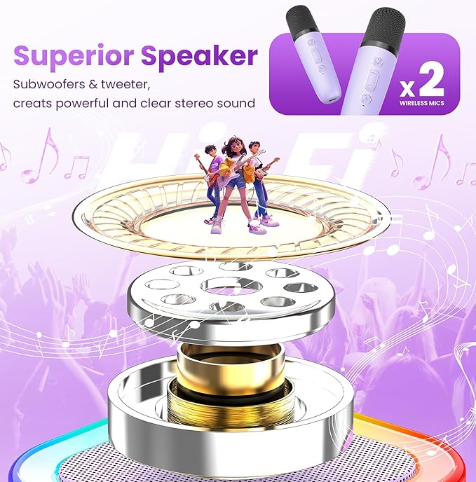 Mini Karaoke Machine for Kids Adults, 2026 TOP Birthday Gifts for Girls Boys 3,4,5,6,7,8+Year Old Toddler Toys, Portable Bluetooth Speaker with 2 Wireless Karaoke Microphones Player (Purple)