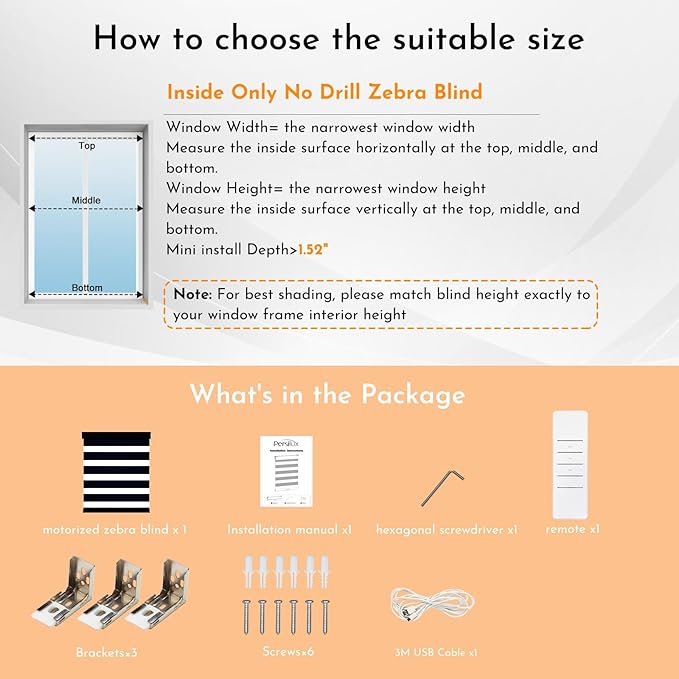 Persilux No Drill No Tools Smart Zebra Blinds Dual Layer Privacy for Day and Night Window Blinds Blackout Cordless Shades for Windows,Thermal Insulated,Custom Sizes,Bella Black,RS2241B-11