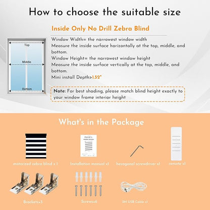 Persilux No Drill No Tools Smart Zebra Blinds Dual Layer Privacy for Day and Night Window Blinds Blackout Cordless Shades for Windows,Thermal Insulated,Custom Sizes,Bella Black,RS2241B-11