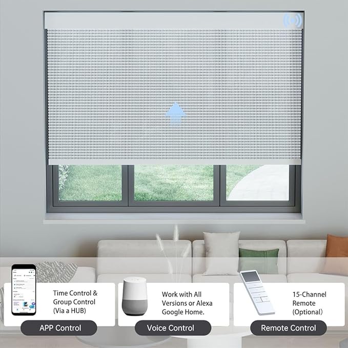 Motorized Solar Shades, Light Filtering Smart Blinds for Windows Automatic Blinds Compatible with Alexa, Falme Resistant Roller Shades Customized for Office Living Room (1% Openness Sliver)