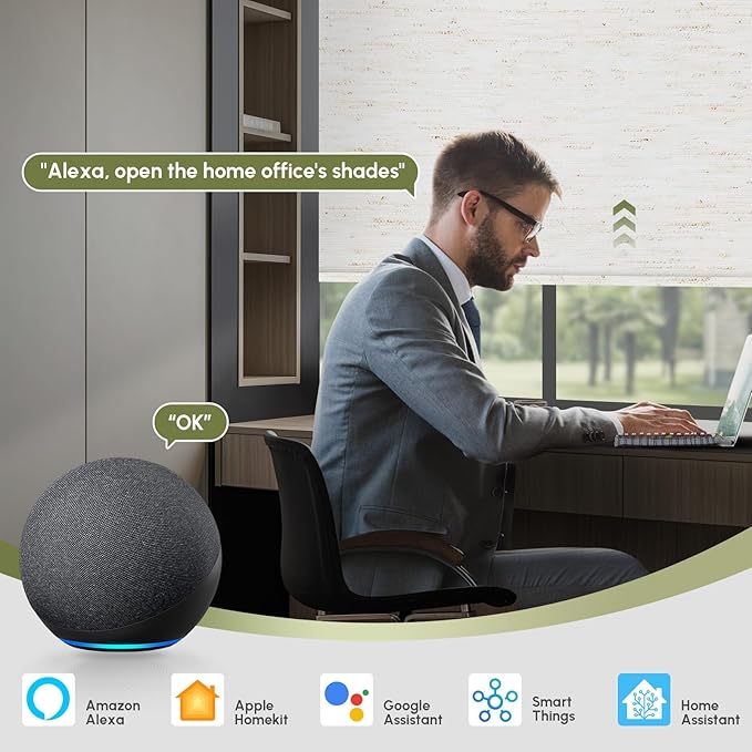 FineTell Motorized Blinds with Remote, 100% Blackout Roller Shades Compatible with Alexa,Apple Homekit,Google Home APP and Voice Control, Customized Electric Blinds (100% Blackout Linen White)