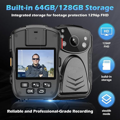 PatrolMaster 1296P UHD Body Camera with Audio, 2 Inch Display, Night Vision, Waterproof, Shockproof, Body Worn with Compact Design, Police Use (64GB)