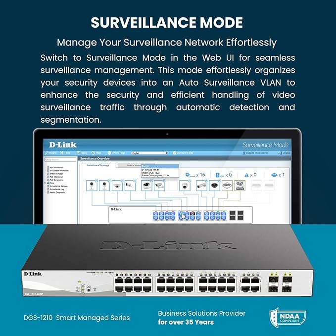 D-Link 10-Port Gigabit Smart Managed Switch | 8 GbE + 2 SFP Ports | L2+ | VLANs | Cable Diagnostics | Web Managed | Desktop or Rackmount | Fanless | NDAA Compliant | Lifetime Protection (DGS-1210-10)
