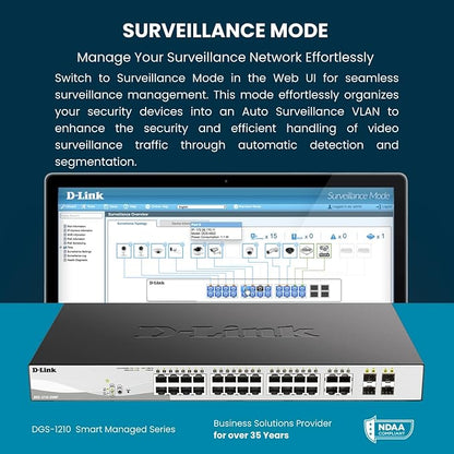 D-Link 10-Port Gigabit Smart Managed Switch | 8 GbE + 2 SFP Ports | L2+ | VLANs | Cable Diagnostics | Web Managed | Desktop or Rackmount | Fanless | NDAA Compliant | Lifetime Protection (DGS-1210-10)