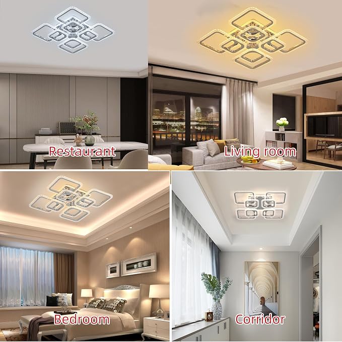 Modern Bedroom & Kitchen Ceiling Light, 80W Dimmable LED, 8 Squares, 3000-6000K, Chrome