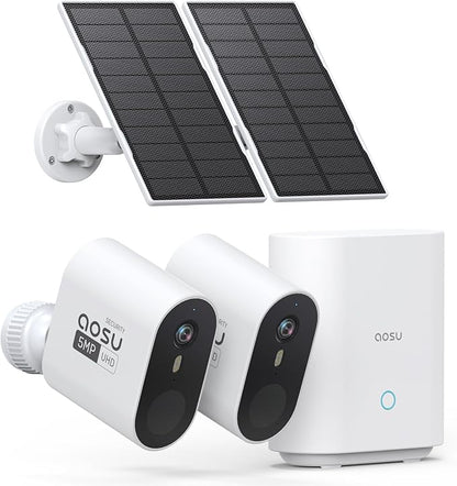 aosu 3K/5MP Solar Security Cameras Wireless Outdoor Home Surveillance System, 166° Ultra-Wide-Angle, HD Color Night Vision, Spotlight & Siren Alarm, Motion Alert, No Subscription Required, 2-Cam-Kit