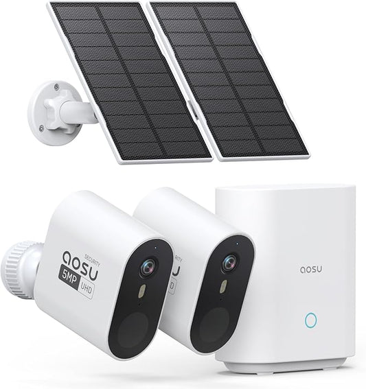 aosu 3K/5MP Solar Security Cameras Wireless Outdoor Home Surveillance System, 166° Ultra-Wide-Angle, HD Color Night Vision, Spotlight & Siren Alarm, Motion Alert, No Subscription Required, 2-Cam-Kit