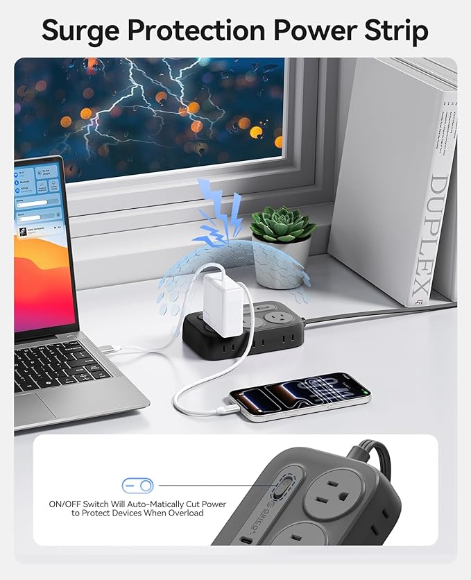 ORICO Surge Protector Power Strip, PD20W Multiple Outlets Extension Cord with 6 AC Outlets and 4 USB Charging Ports (2 USB-C), 45° Flat Plug, 10 Ft Mountable Outlet Extender for Home/Office/Dorm - OG