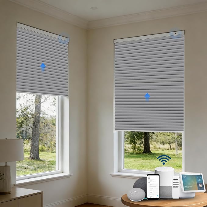 Motorized Cellular Shades with Remote, Smart Cellular Shades Compatible with Apple HomeKit, Alexa & Google Home, Cordless Honeycomb Window Blinds for Indoor Windows, Blackout Platinum Gray